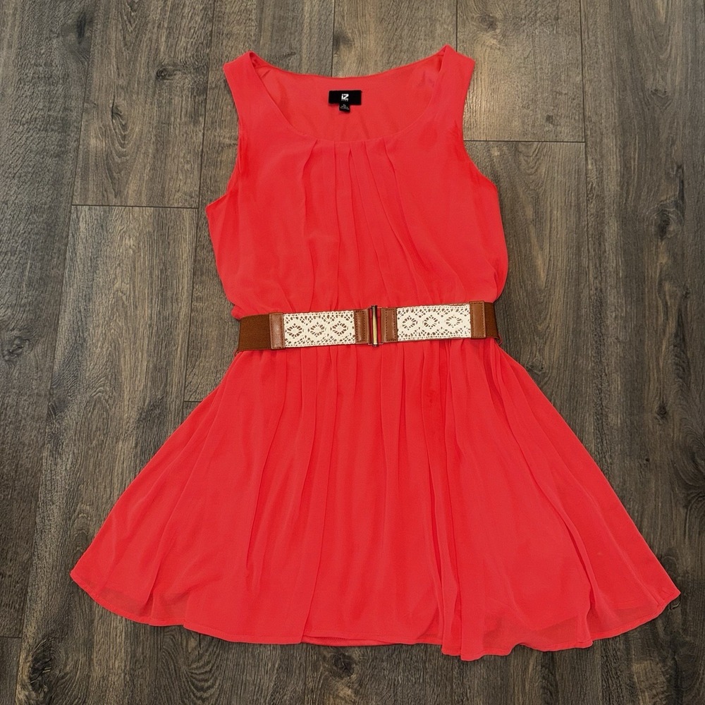 IZ Byer Women XL Orange Chiffon Fit Flare Dress Pleated Belted Summer Sundress
